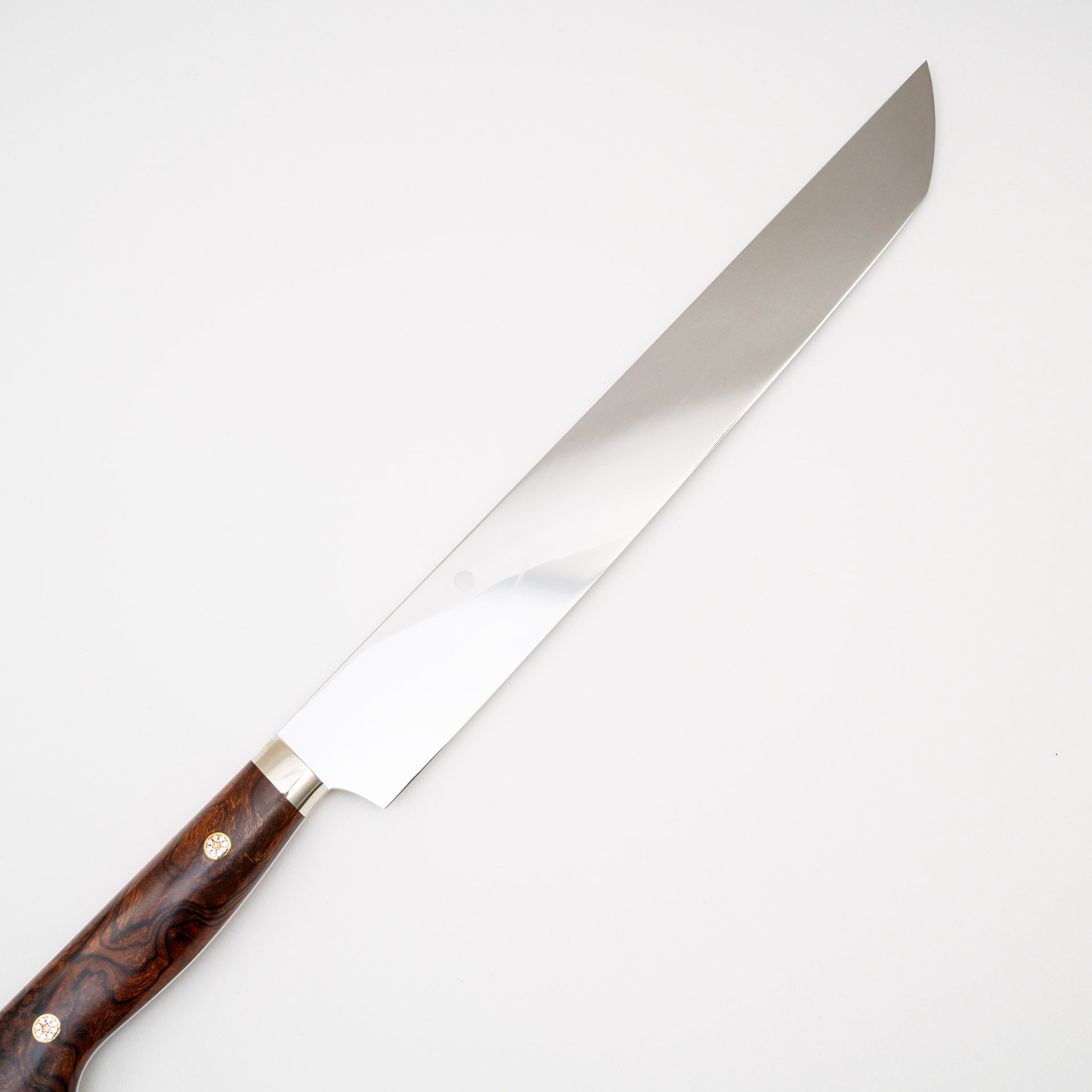 7CR08590.jpg Yoshikazu Ikeda White 3 Honyaki Sakimaru Sujihiki 270mm Mt. Fuji Hamon Ironwood Handle SP2, view 3