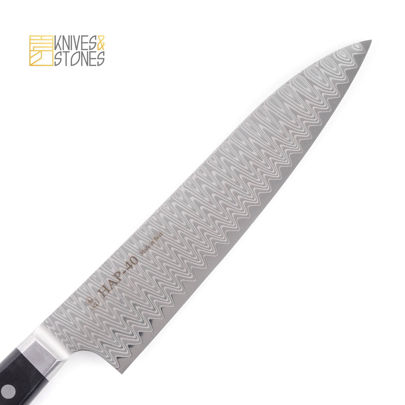 HAP40DamascusGyuto210mmb.jpg Hatsukokoro Hayabusa HAP-40 Damascus Gyuto 210/240 mm with Western Handle, view 2