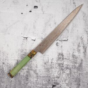Hatsukokoro Kujaku V-Toku-2 Sujihiki 270mm Rainbow Damascus Finish Green