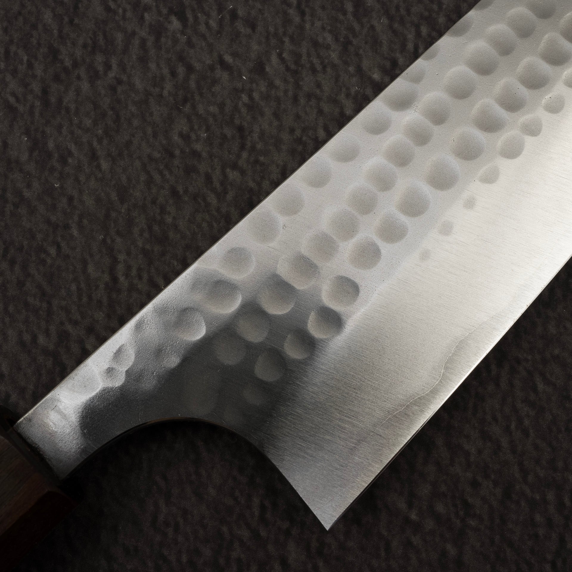 KatsushigeAnryuBlue2TsuchimeStainlessCladGyuto210mmEbonyHandlec.jpg Katsushige Anryu Blue 2 Tsuchime Stainless Clad Gyuto 210mm Ebony Handle, view 3