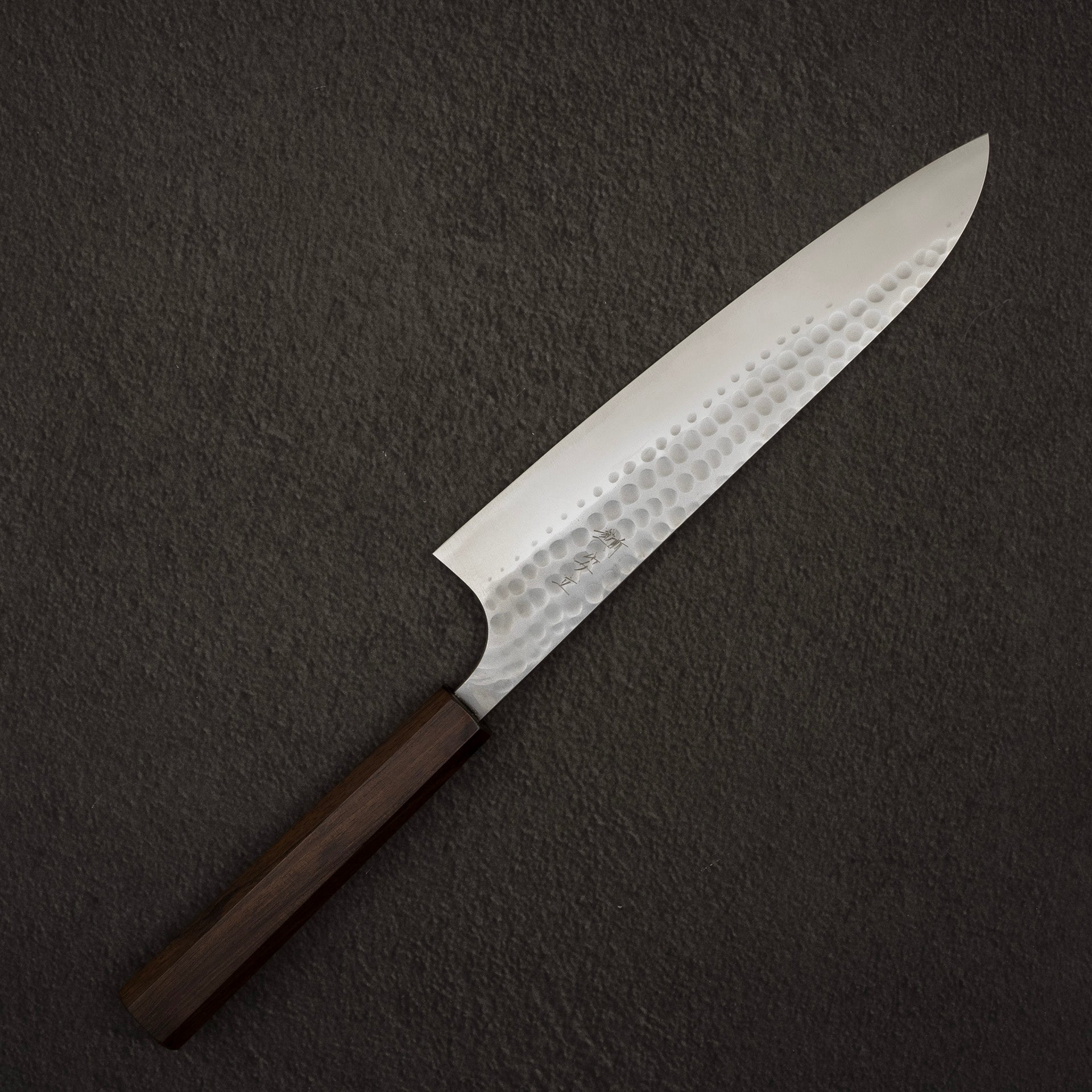 KatsushigeAnryuBlue2TsuchimeStainlessCladGyuto210mmEbonyHandlee.jpg Katsushige Anryu Blue 2 Tsuchime Stainless Clad Gyuto 210mm Ebony Handle, view 5
