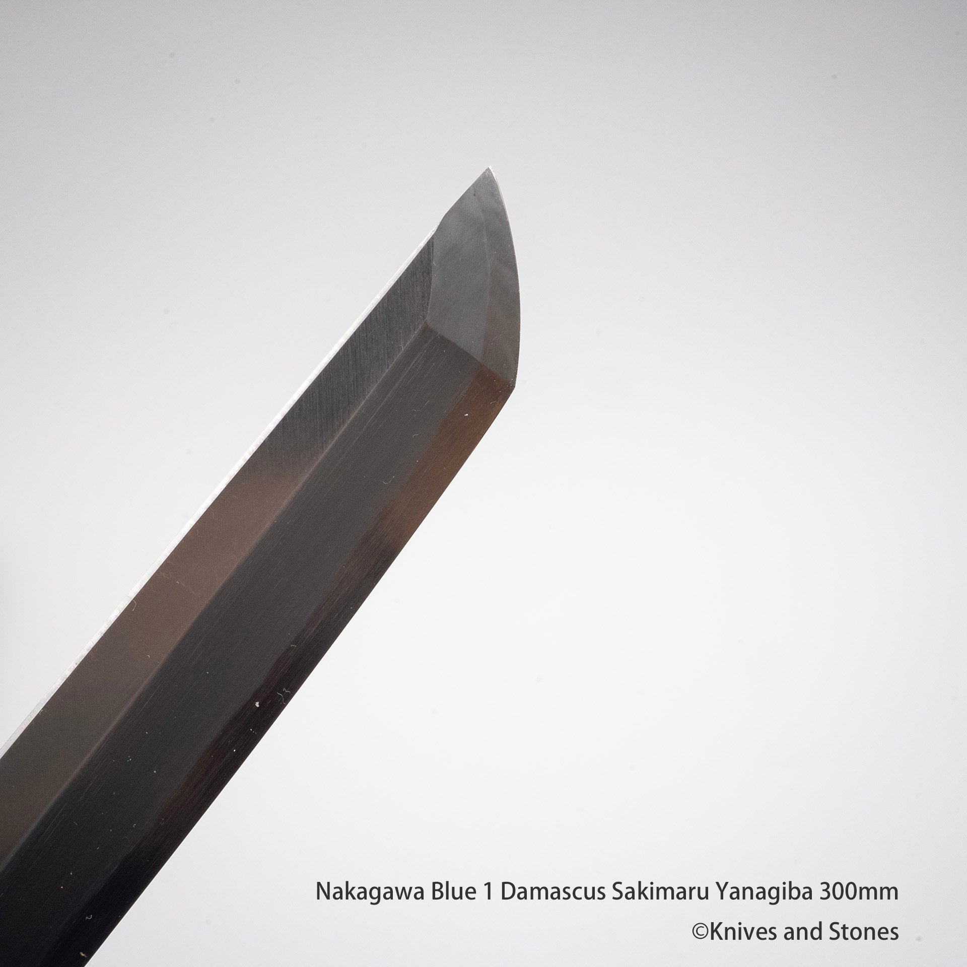 NakagawaBlue1DamascusSakimaruYanagiba300mmA.jpg Nakagawa Blue 1 Kasumi Sakimaru Yanagiba 300/330 mm, view 3