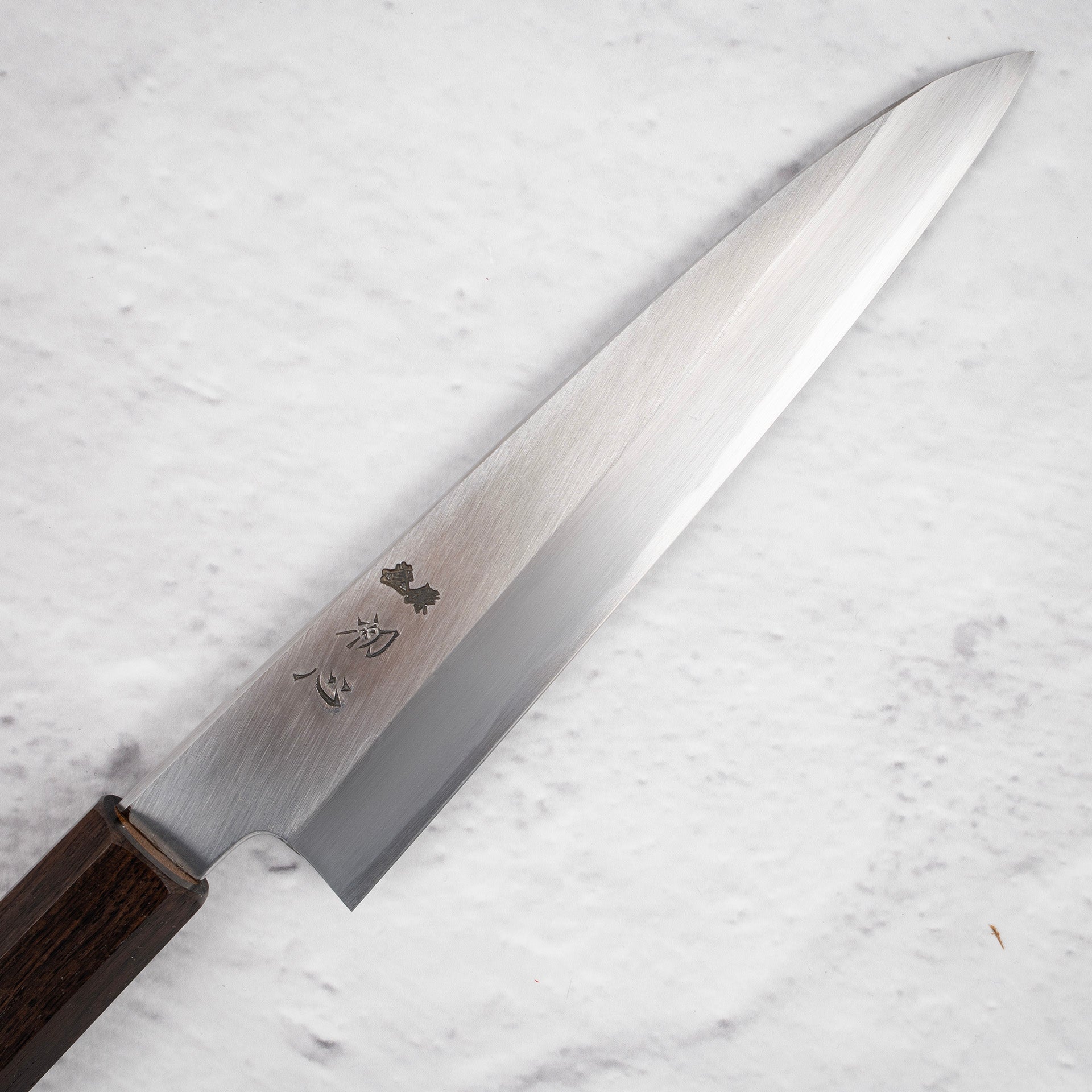 NakagawaBlue1WideBevelKasumiPetty150mmb.jpg Nakagawa Blue 1 Wide Bevel Kasumi Petty 150mm Ebony Handle, view 2