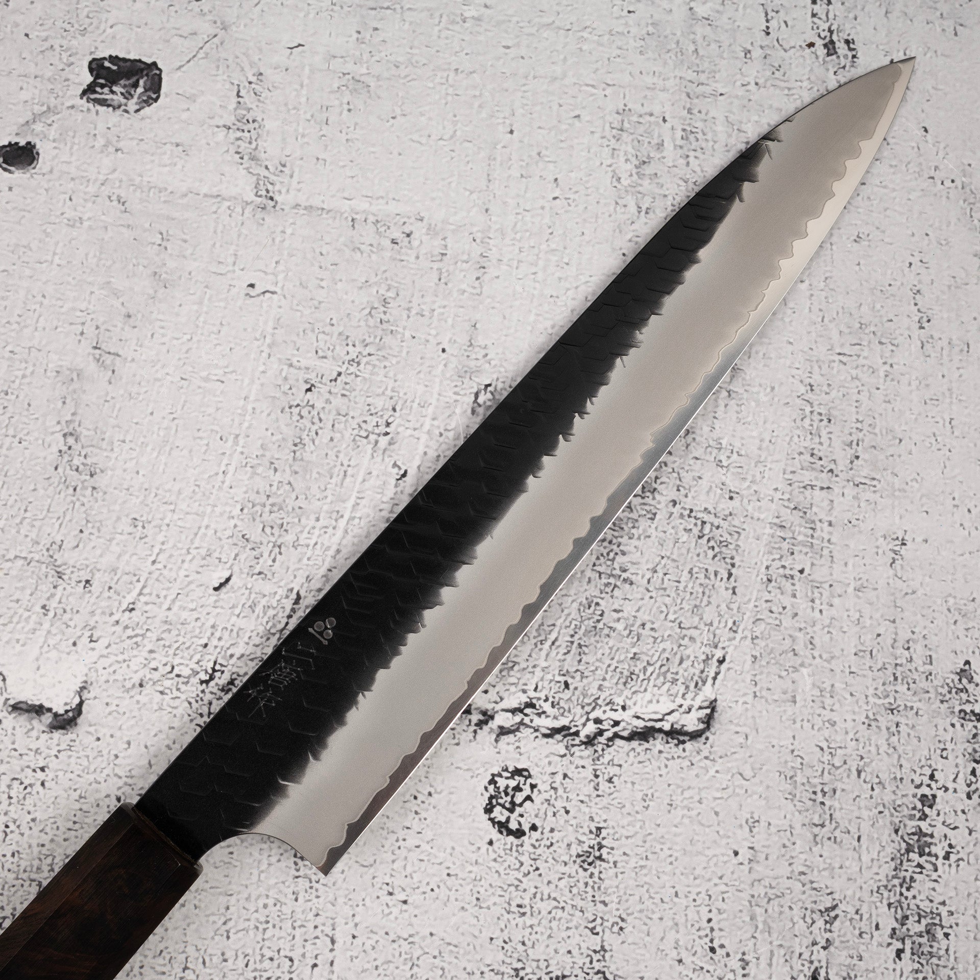 NigaraSG2KurouchiTsuchimeSujihiki240mmEbonyHandleb.jpg Nigara SG2 Kurouchi Tsuchime Sujihiki 240mm Ebony Handle, view 2