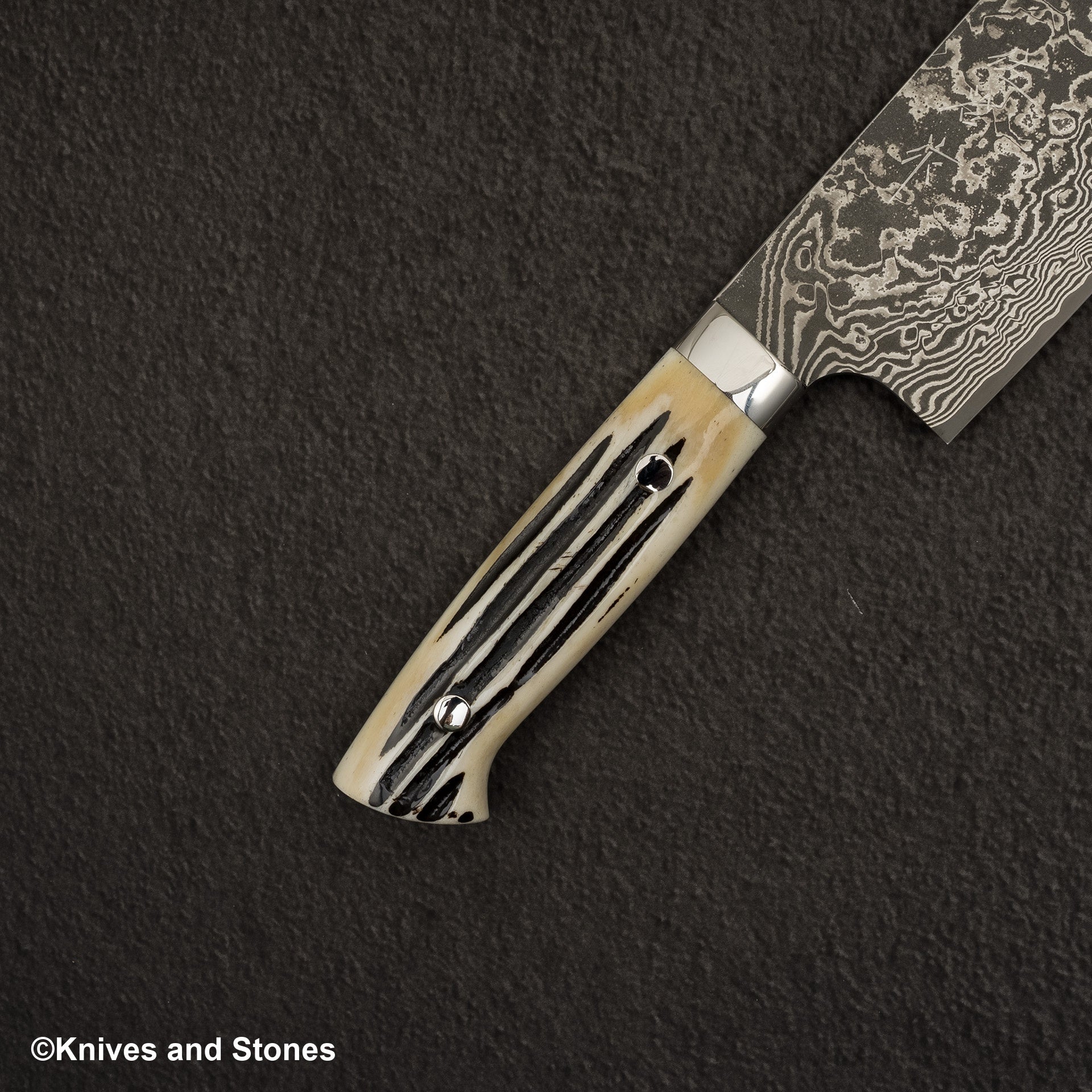 SajiboneR2Nakiri-20250328-06.jpg Takeshi Saji SG2 Black Damascus Nakiri 175mm Stag Handle, view 3