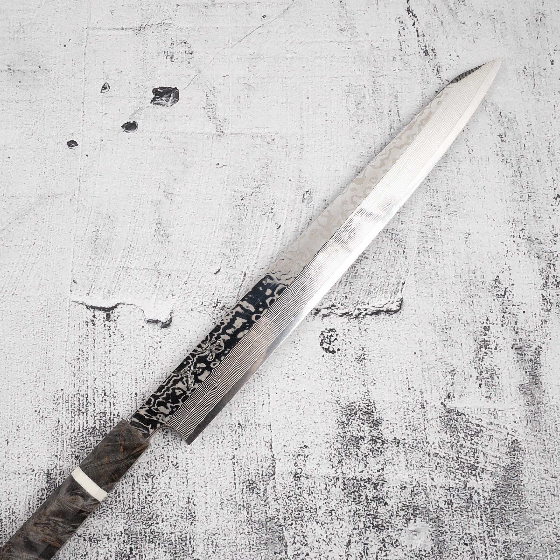 SukenariSG2DamascusK-tipYanagiba300mm-20250724-07.jpg Sukenari SRS-13 Damascus K-tip Yanagiba 300mm Mirror Polish with Saya, view 4