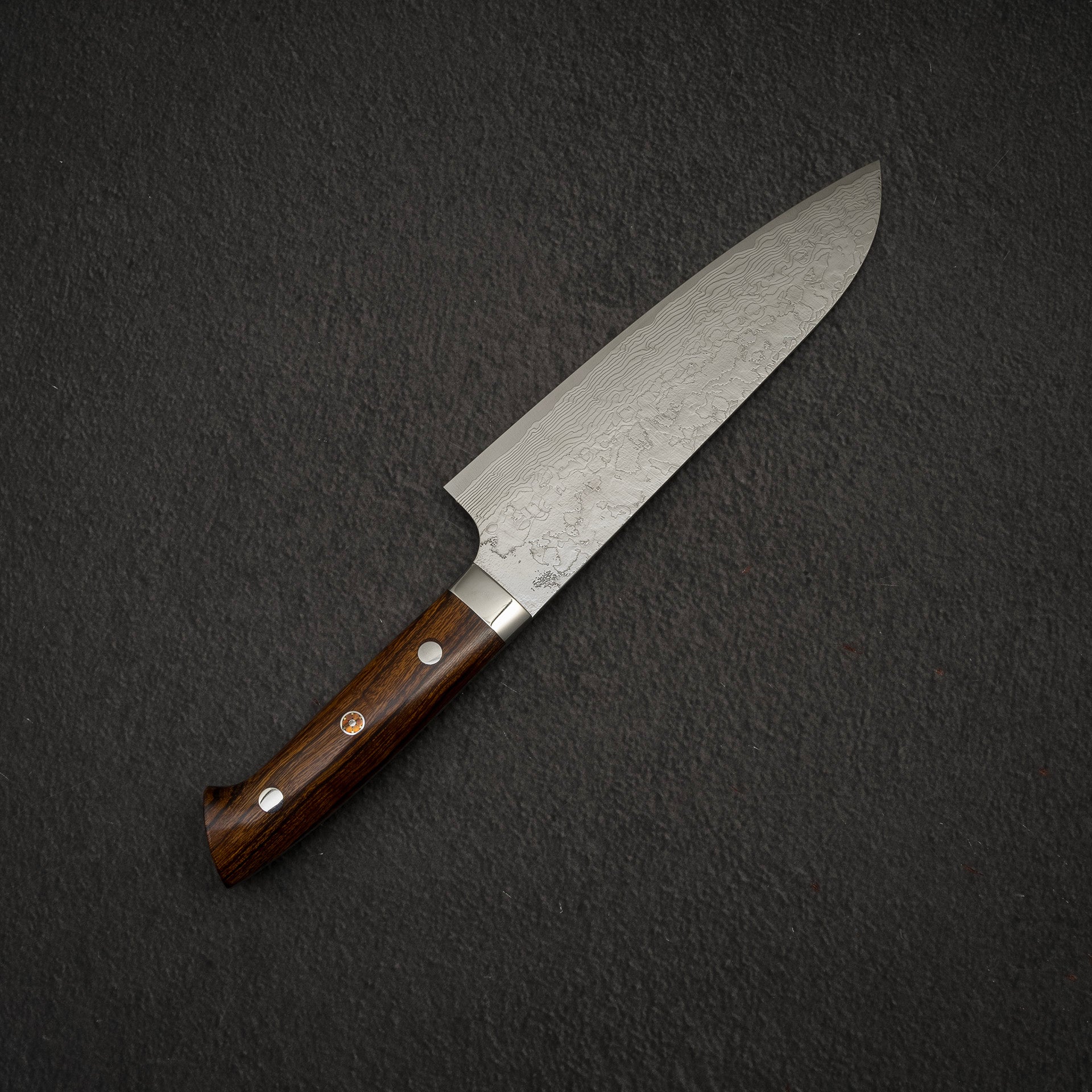 TakeshiSajiDiamondDamascusR2Santoku180mmwithIronwoodHandleg.jpg Takeshi Saji Diamond Damascus R2 Santoku 180mm with Ironwood Handle, view 4