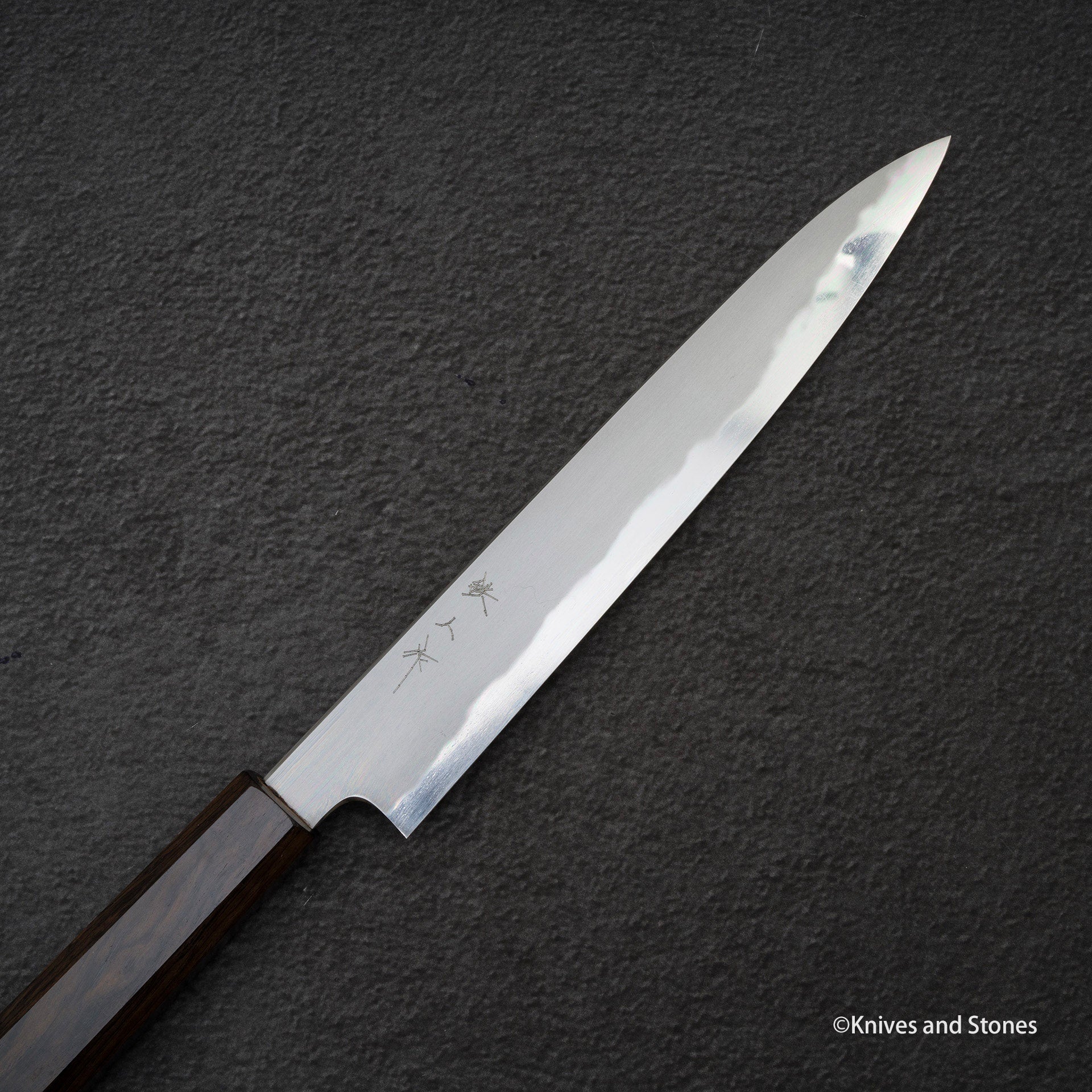 TetsujinBlue2KasumiSujihiki210mmF_7b26e18d-843a-4507-b417-c73dd5aedb93.jpg Tetsujin Blue 2 Kasumi Sujihiki 210mm Ebony Handle, view 3