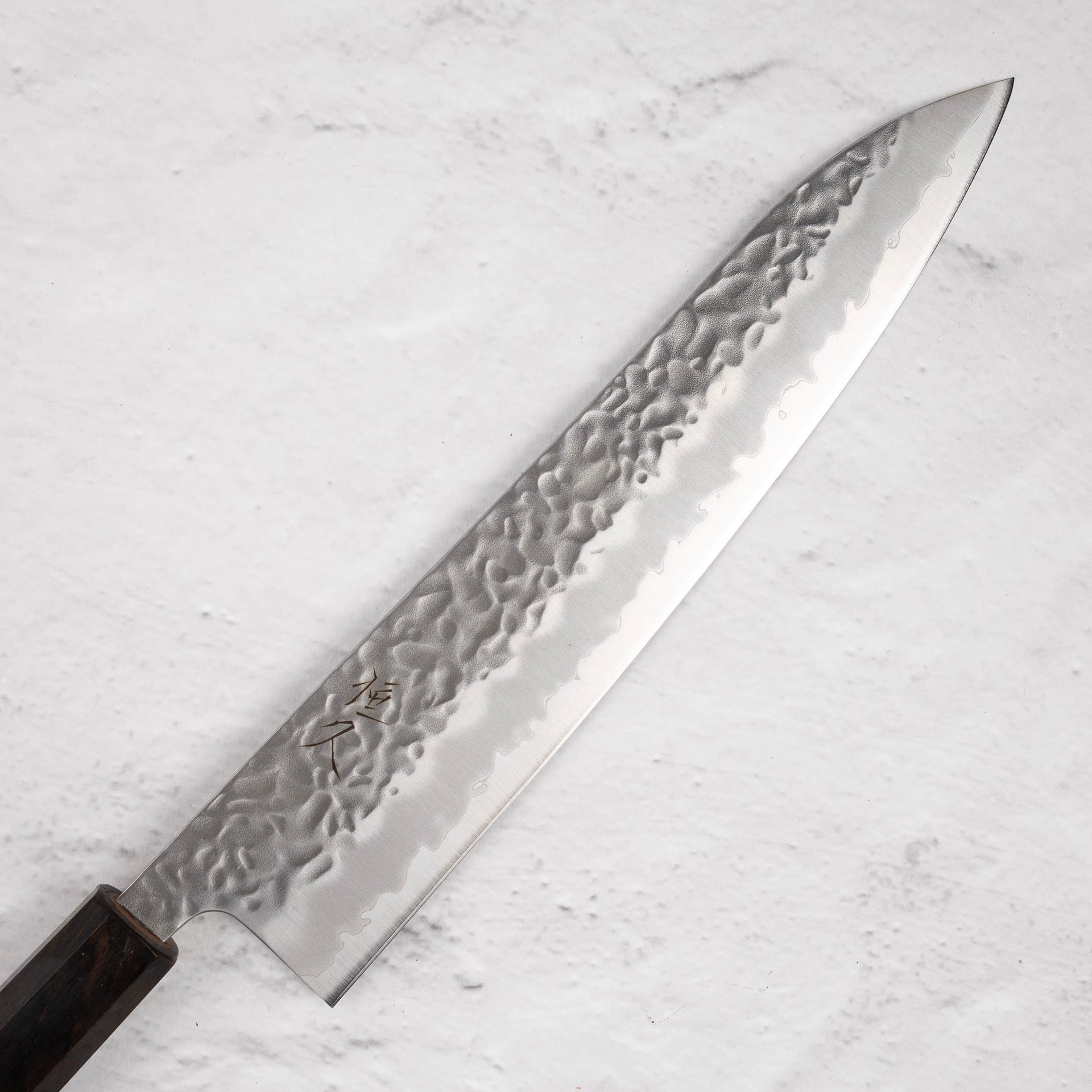 TsunehiraWhite2TsuchimeGyuto240mmEbonyHandleb.jpg Tsunehisa White 1 Stainless Clad Tsuchime Gyuto 240 mm Ebony Handle, view 2