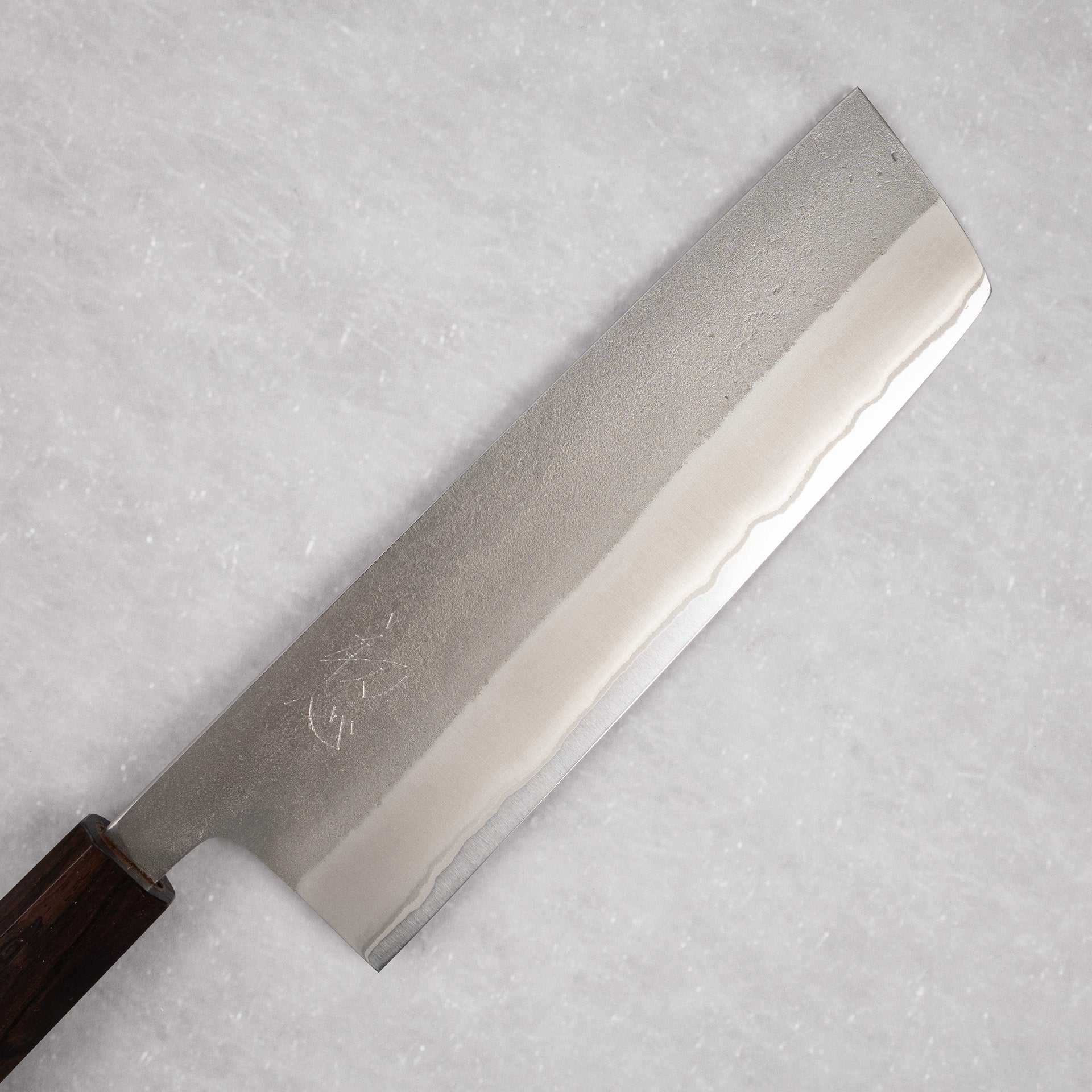 YoshikaneWhite2NashijiStainlessCladNakiri165mmEbonyHandleb.jpg Yoshikane White 2 Nashiji Stainless Clad Nakiri 165mm Ebony Handle, view 2