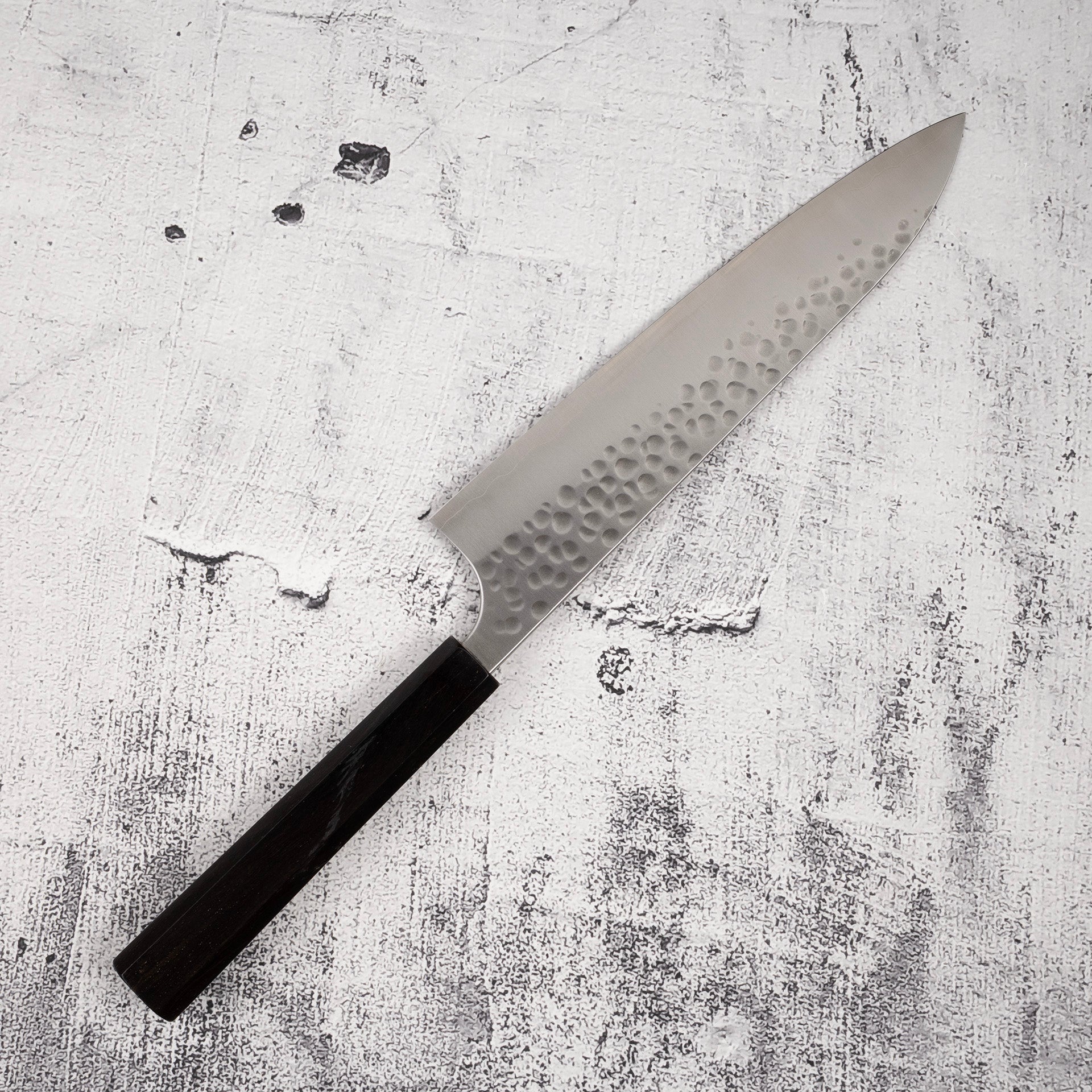 YoshimiKatoGinsanTsuchimeGyuto210mme.jpg Yoshimi Kato Forged Ginsan Tsuchime Gyuto 210mm, view 5