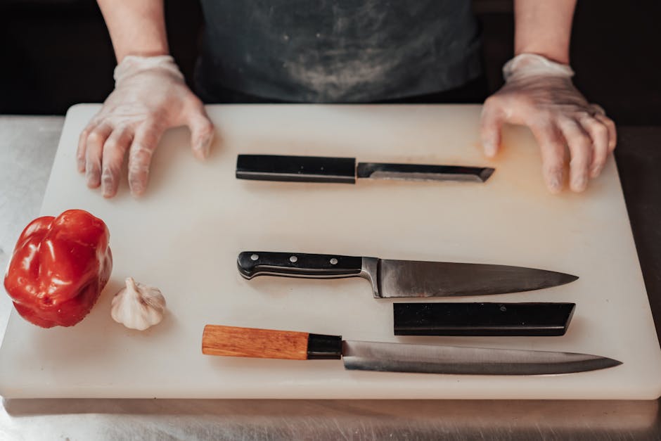 Japanese knives displayed on a wooden board